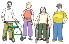 Menschen mit Rollstuhl und Rollator